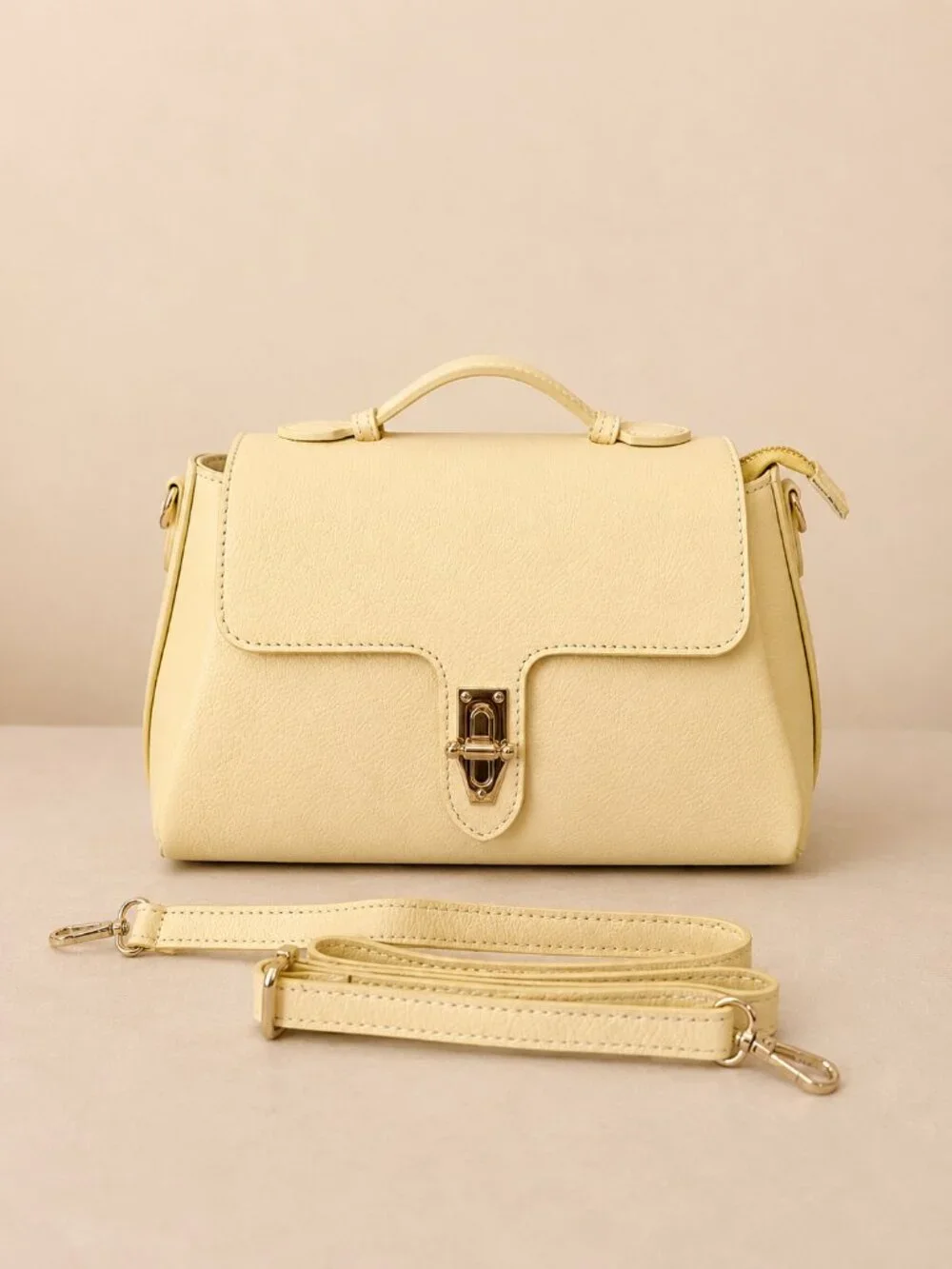 Italian Leather Structured Top Handle Satchel, Butter Yellow Crossbody Bag
